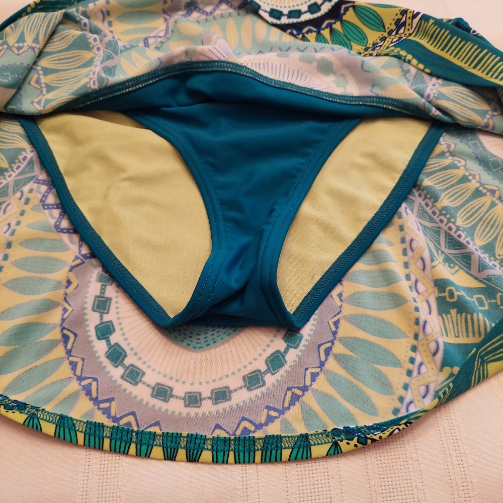Prana swim bikini bottom skirt teal boho abstract print. Size XS - Picture 3 of 13